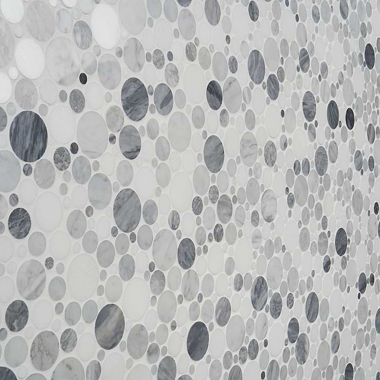 Kinetic Fog White Small Circles Polished Marble Mosaic Tile