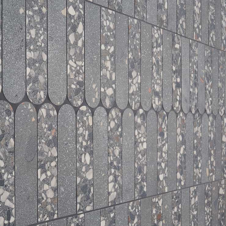 Kobe Fin Charcoal Gray 2x8 Terrazzo Look Matte Porcelain Mosaic Tile