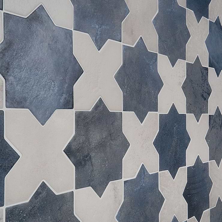 Parma Denim Blue Matte Star and White Matte Cross 6" Terracotta Look Porcelain Tile