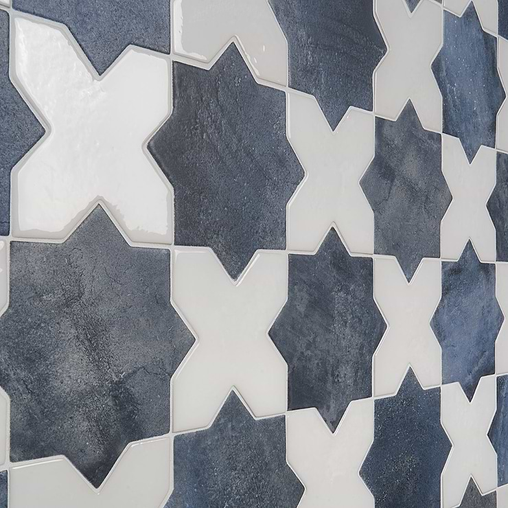 Not for Sale-Parma Denim Blue Matte Star and White Polished Cross 6" Terracotta Look Porcelain Tile