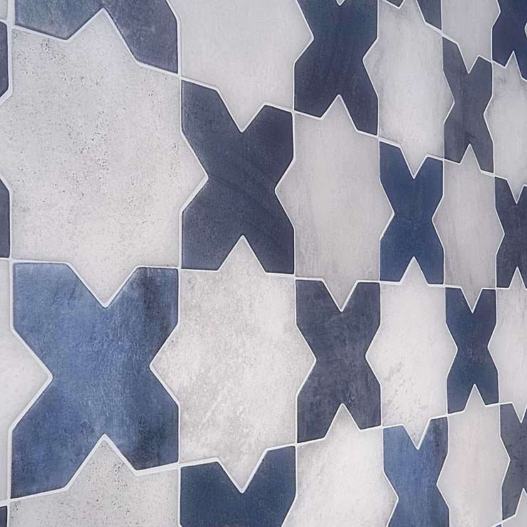 Parma White Matte Star and Denim Blue Matte Cross 6" Terracotta Look Porcelain Tile