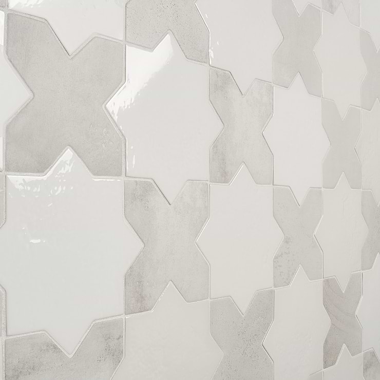 Not for Sale-Parma White Polished Star and White Matte Cross 6" Terracotta Look Porcelain Tile