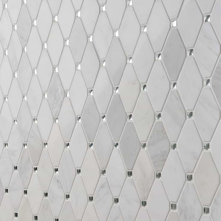 Reflection White Asian Statuary 3x5 Diamond & Mirror Polished Marble & Glass Mosaic Tile