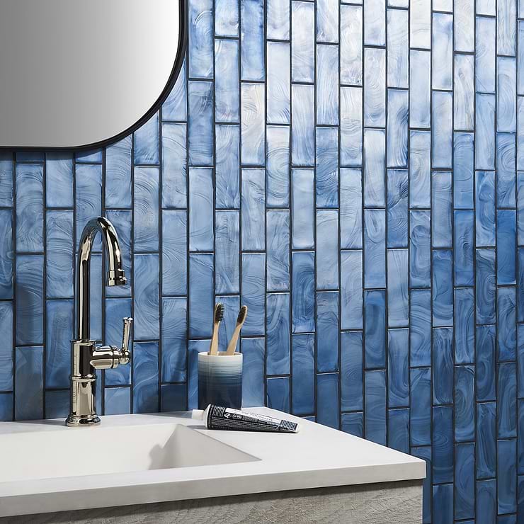 Magico Iridescent Sky Blue 2x6 Polished Glass Mosaic Tile