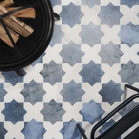 Not for Sale-Parma Denim Blue Matte Star and White Matte Cross 6" Terracotta Look Porcelain Tile