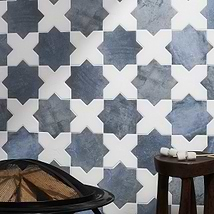 Not for Sale-Parma Denim Blue Matte Star and White Polished Cross 6" Terracotta Look Porcelain Tile