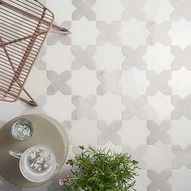 Parma White Polished Star and White Matte Cross 6" Terracotta Look Porcelain Tile