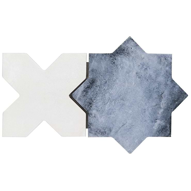 Not for Sale-Parma Denim Blue Matte Star and White Matte Cross 6" Terracotta Look Porcelain Tile