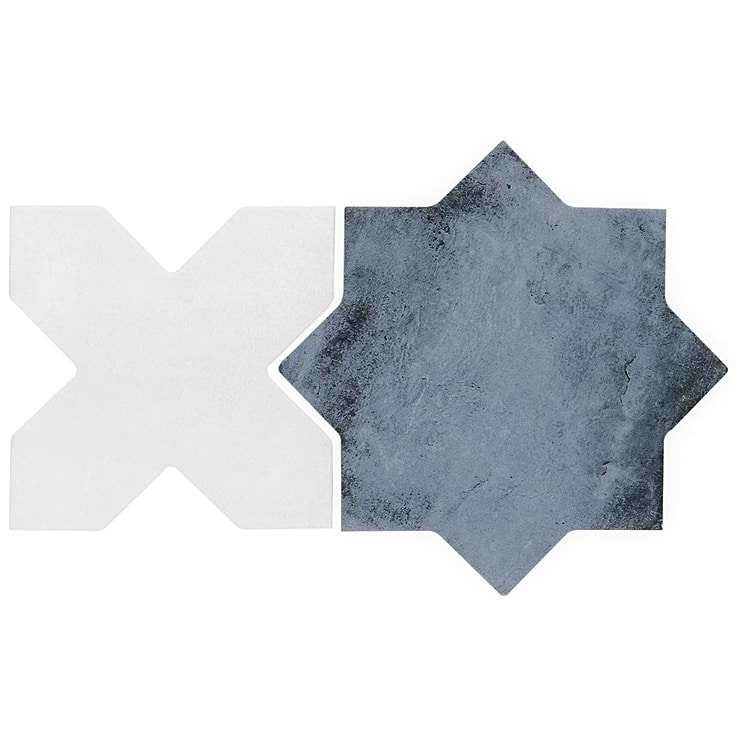 Not for Sale-Parma Denim Blue Matte Star and White Polished Cross 6" Terracotta Look Porcelain Tile