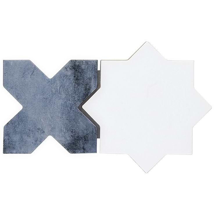 Not for Sale-Parma White Polished Star and Denim Blue Matte Cross 6" Terracotta Look Porcelain Tile