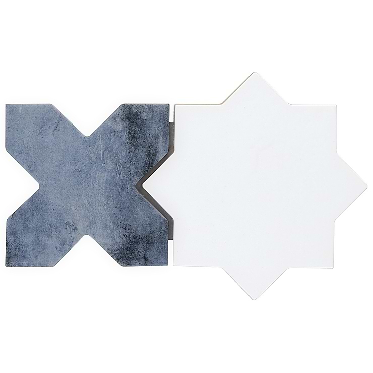 Parma White Polished Star and Denim Blue Matte Cross 6" Terracotta Look Porcelain Tile