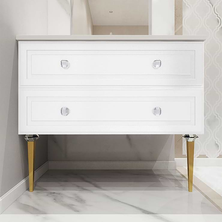 Alma Bianca White 36" Vanity with Gold  and Lucite Legs and Hardware