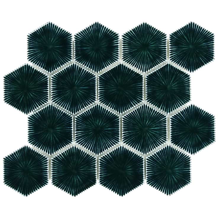 Nabi Midnight Blue Green 3" Hexagon Polished Glass Mosaic Tile