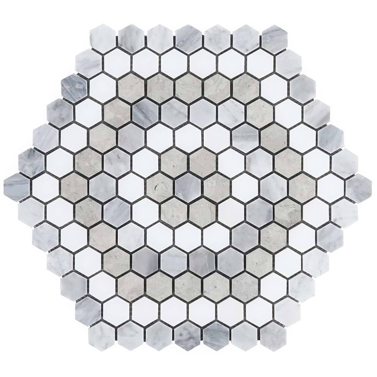 Juno Honeycomb Beige and Gray 1" Hexagon Polished Marble Mosaic Tile