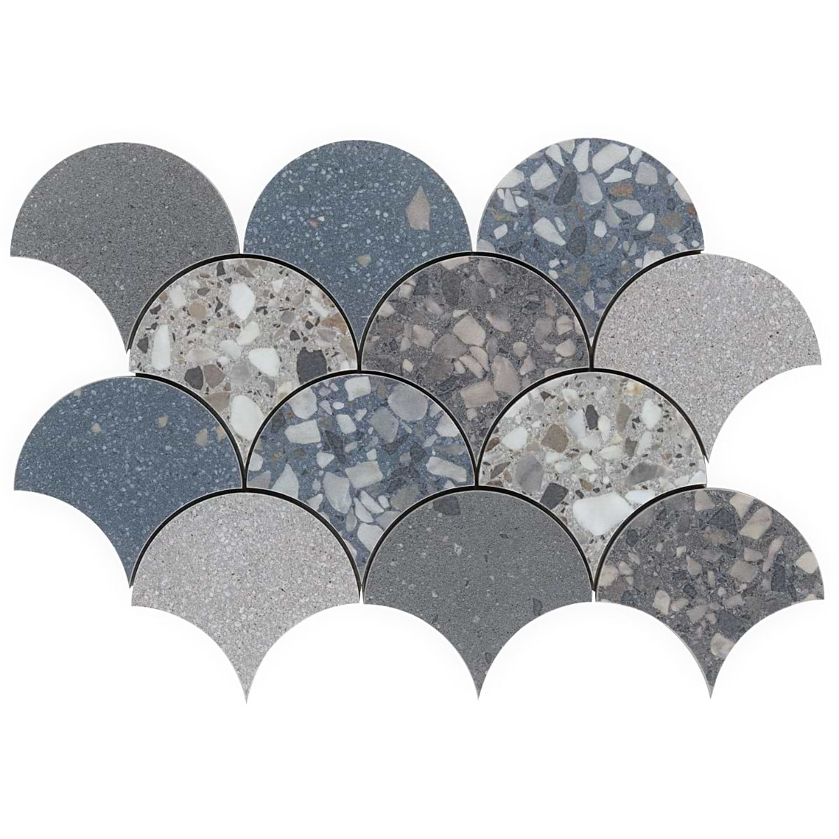 Kobe Fishscale Cool Blue Mix 4" Terrazzo Look Matte Porcelain Mosaic Tile