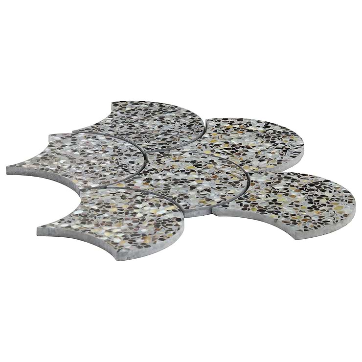 Reef Gray 5" Fishscale Polished Pearl Terrazzo Mosaic Tile