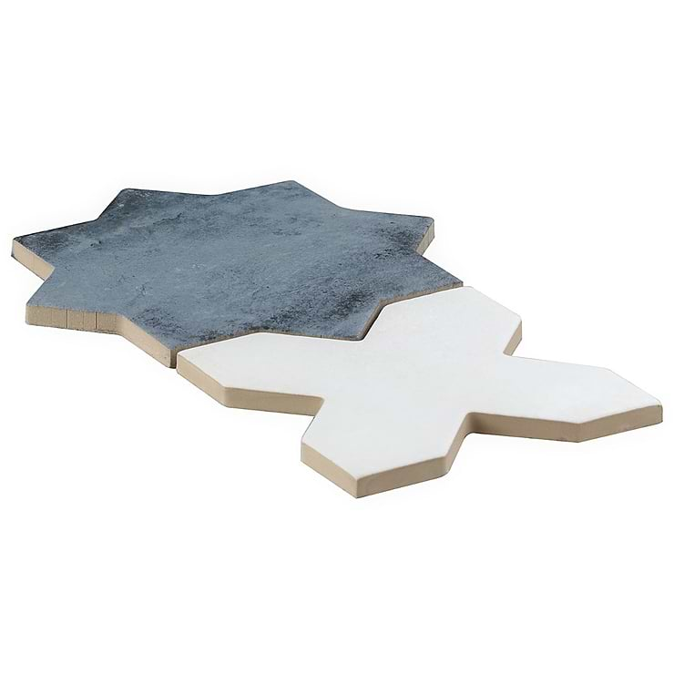 Not for Sale-Parma Denim Blue Matte Star and White Polished Cross 6" Terracotta Look Porcelain Tile