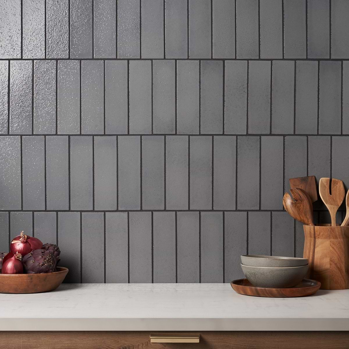 Color One Fossil Gray 2x8 Glossy Lava Stone Subway Tile