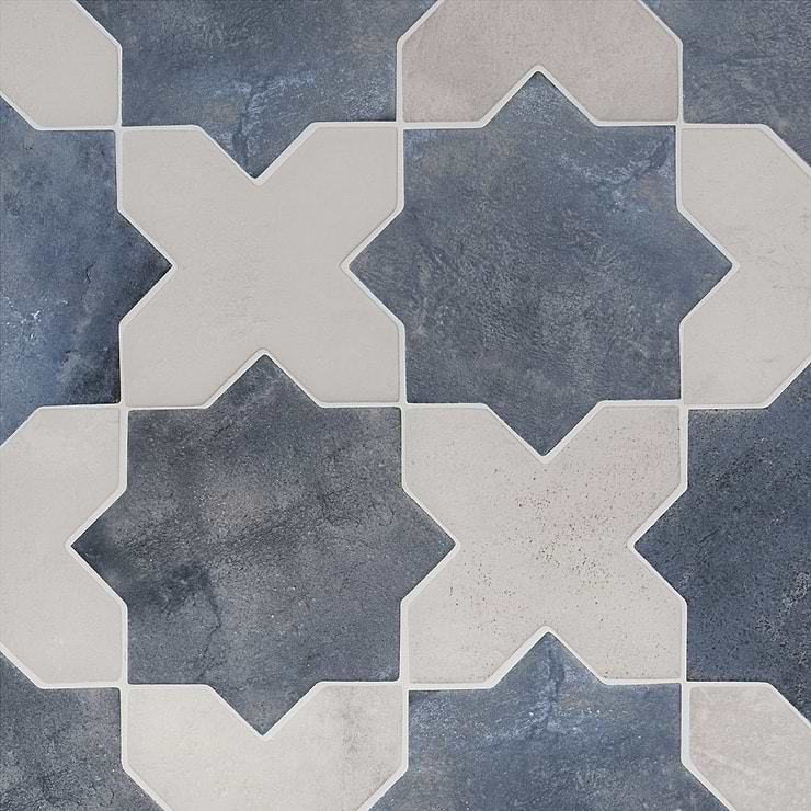 Not for Sale-Parma Denim Blue Matte Star and White Matte Cross 6" Terracotta Look Porcelain Tile