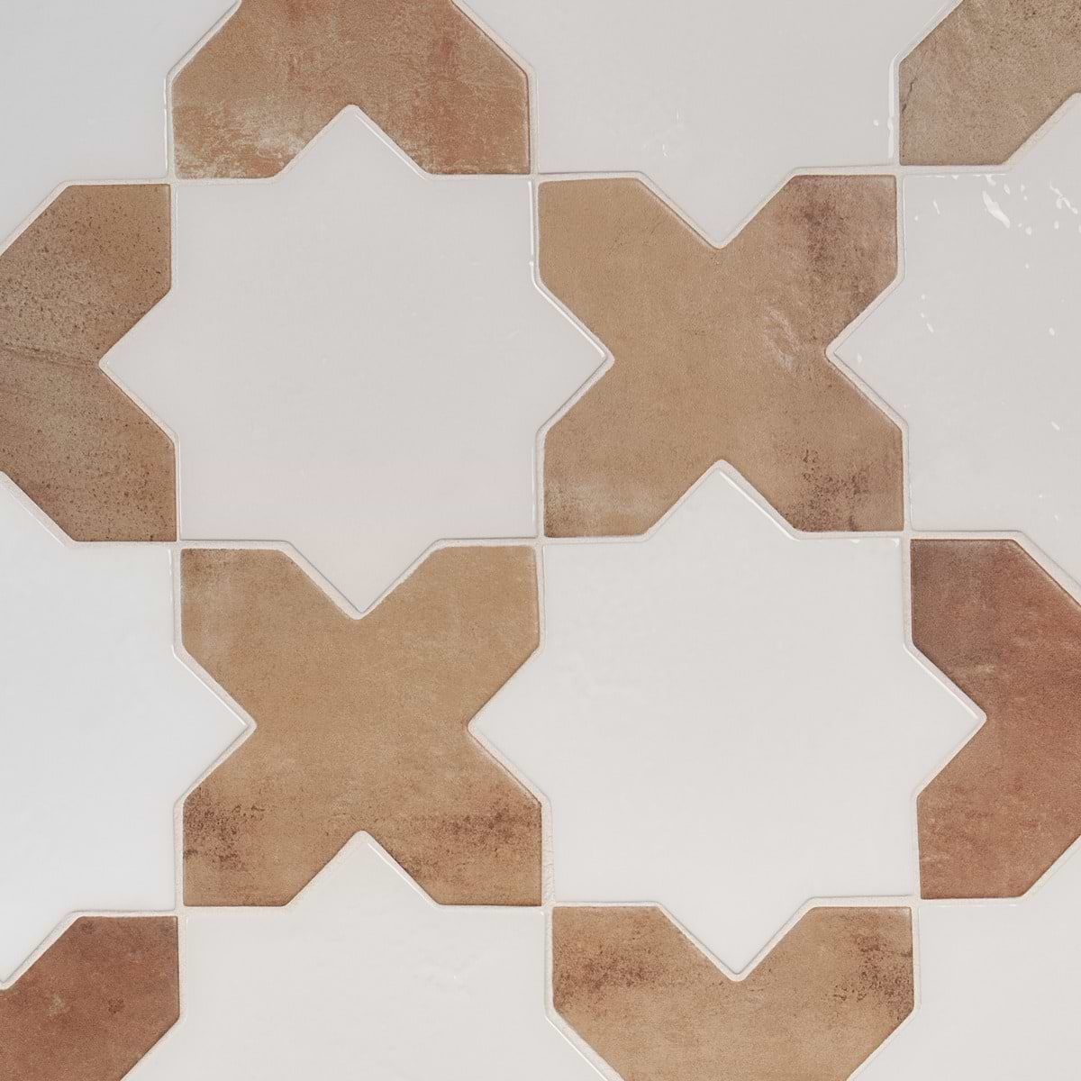 Parma White Polished Star and Cotto Brown Matte Cross 6" Terracotta Look Terracotta Porcelain Tile