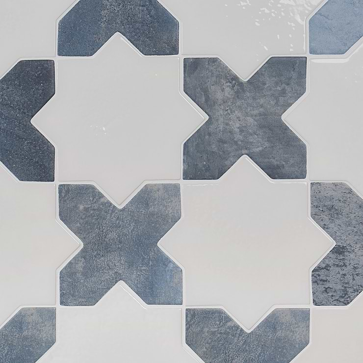 Not for Sale-Parma White Polished Star and Denim Blue Matte Cross 6" Terracotta Look Porcelain Tile