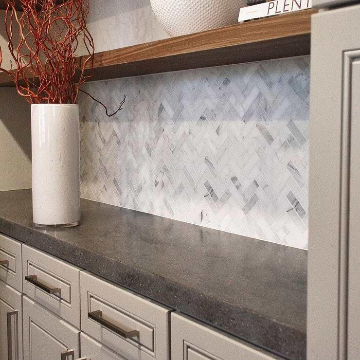 Asian Statuary 1x3" Herringbone Polished Marble Mosaic Tile