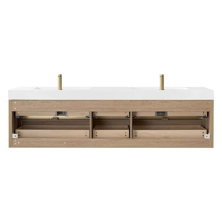 Serrano Blonde Oak 84" Double Floating Vanity with White Integrated Top