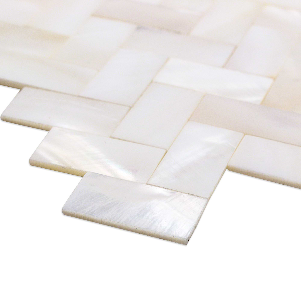 Serene White Pearl Herringbone Tile | Tilebar.com