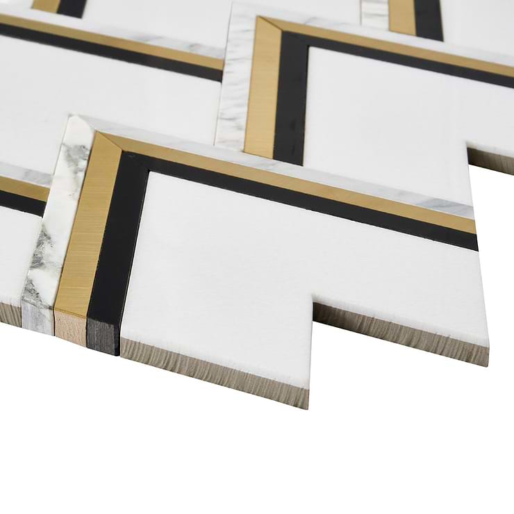 VZAG Nero Black- Gold and White Marble & Brass Polished Mosaic Tile by Vanessa Deleon