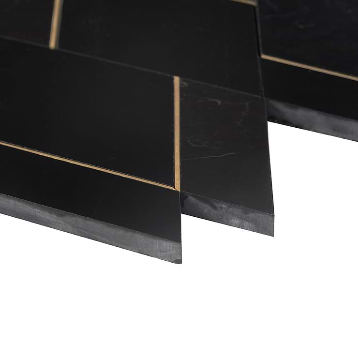 Enver Nero Polished Marble and Brass Mosaic Tile