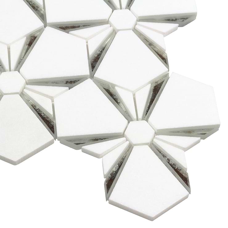Euphoria Glass Arctic Silver Mixed Hexagon Polished Thassos Marble Mosaic Tile