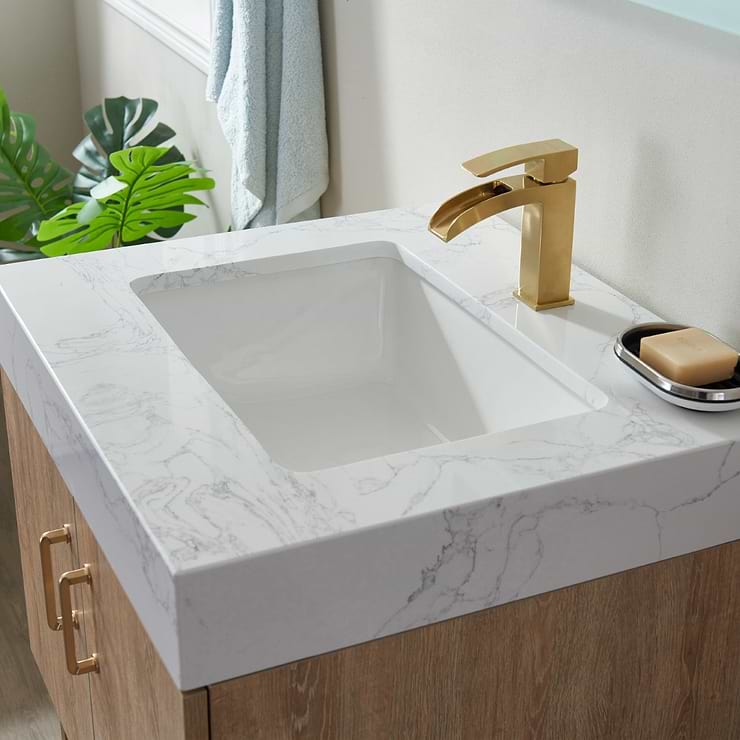 Ithica White Oak 24" Single Vanity and Gold Hardware with Atlantic Stone Top