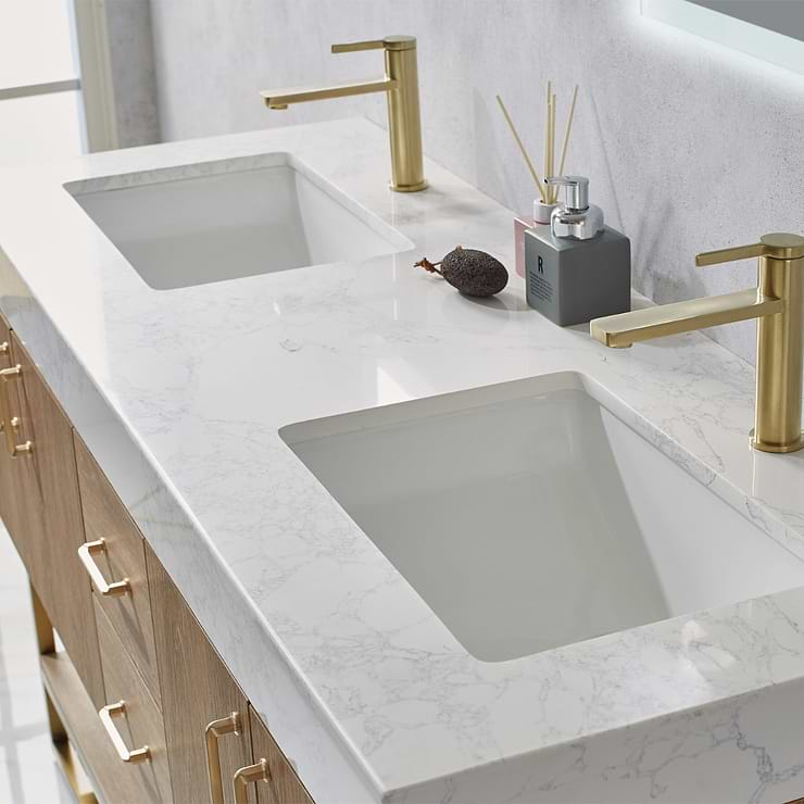 Ithica White Oak 60" Double Vanity and Gold Hardware with Atlantic Stone Top