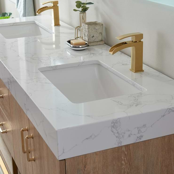 Ithica White Oak 72" Double Vanity and Gold Hardware with Atlantic Stone Top