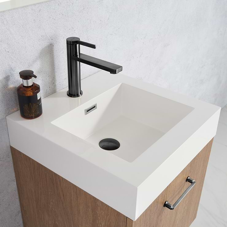 Ithica White Oak 18" Single Vanity and Black Hardware with White Intergrated Top