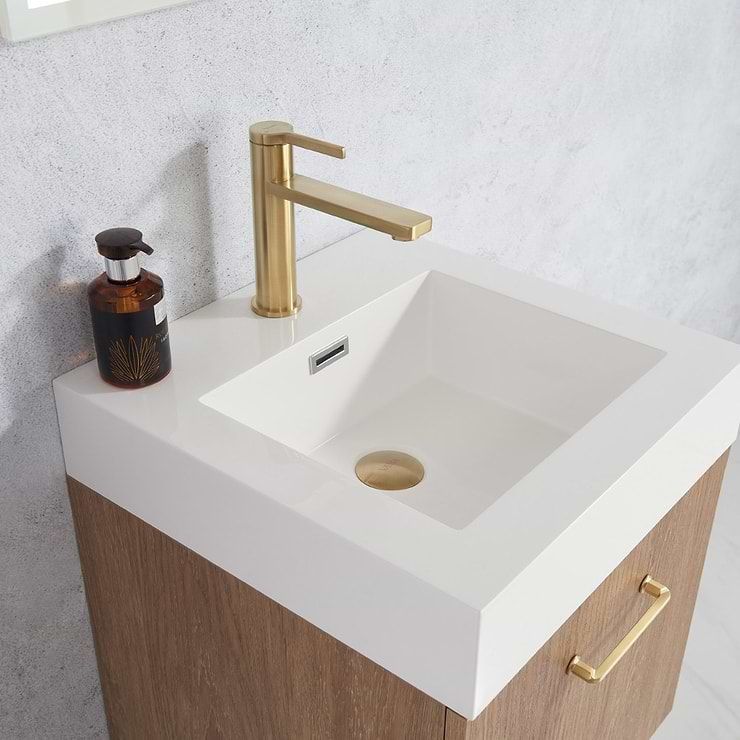 Ithica White Oak 18" Single Vanity and Gold Hardware with White Intergrated Top