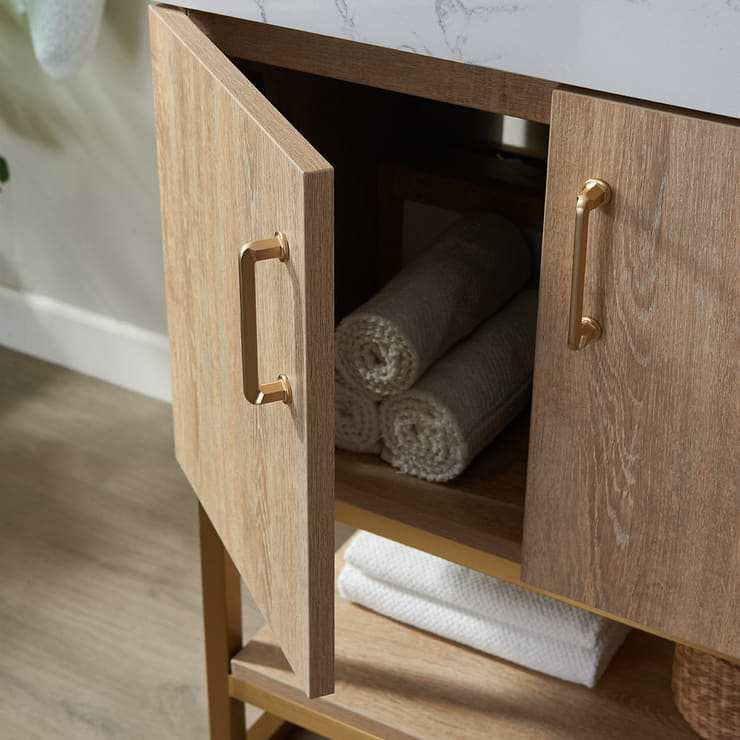 Ithica White Oak 24" Single Vanity and Gold Hardware with Atlantic Stone Top