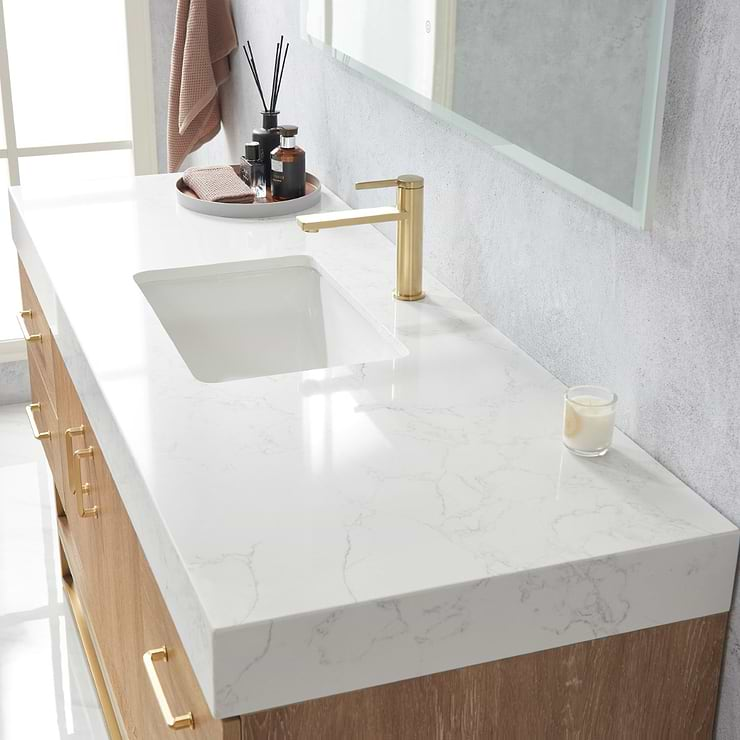 Ithica White Oak 60" Single Vanity and Gold Hardware with Atlantic Stone Top