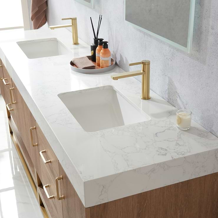 Ithica White Oak 84" Double Vanity and Gold Hardware with Atlantic Stone Top