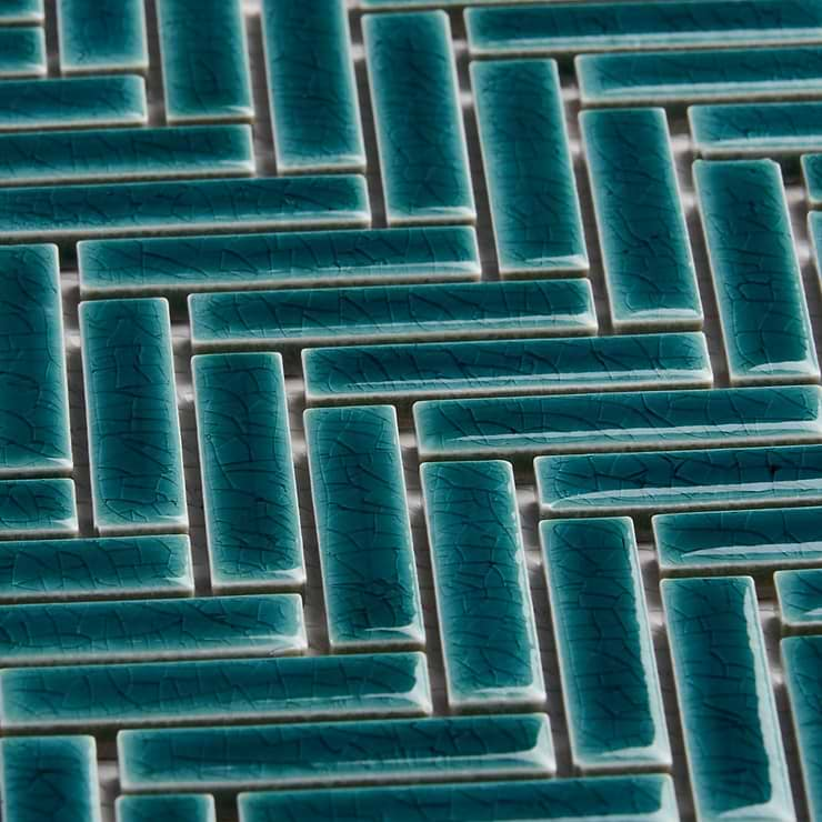 Kai Teal 1x2" Herringbone Crackled Glossy Porcelain Mosaic Tile