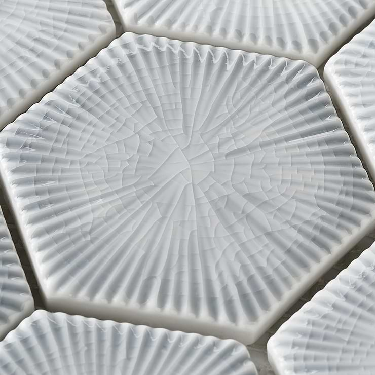 Nabi Hexagon Arctic Blue 3" Crackled Glossy Glass Mosaic Tile