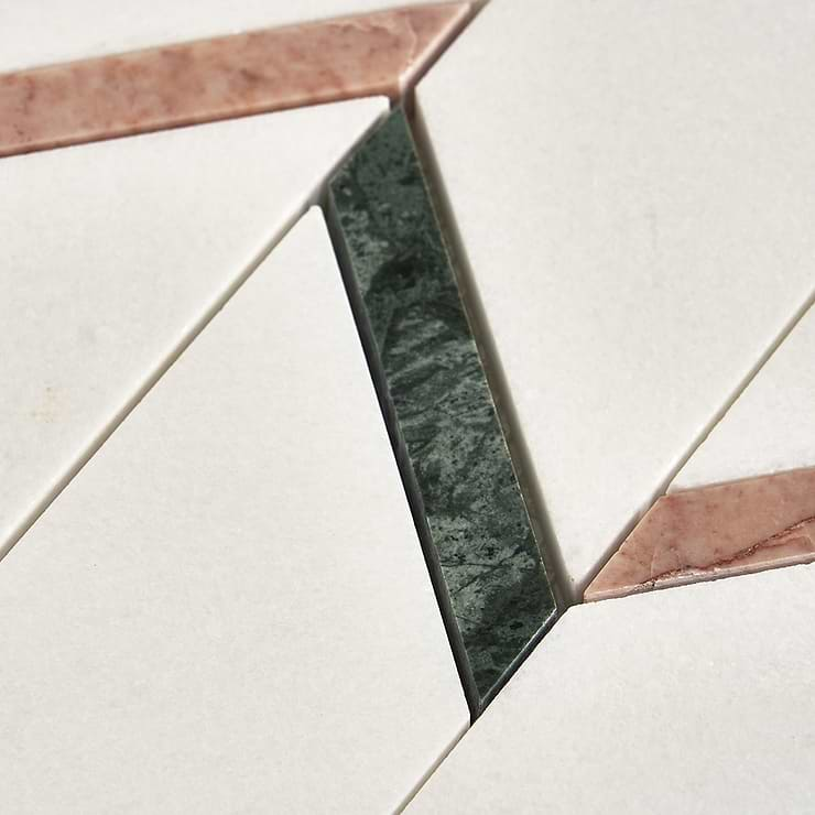 Fitz White Thassos Vera Polished Marble Mosaic Tile- Green and Pink Stripes