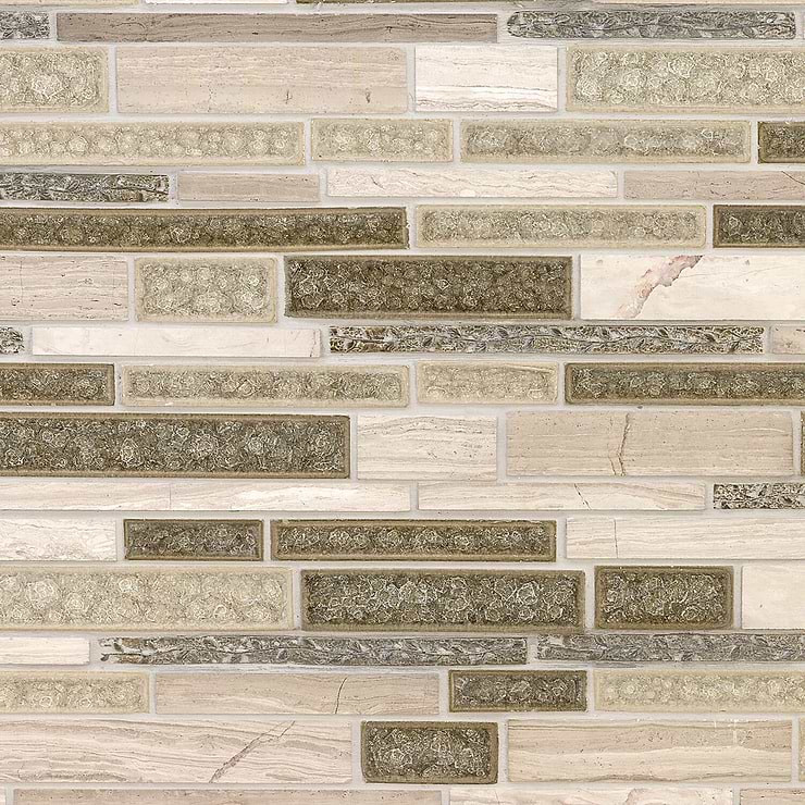 Shangri-La Wooden Beige Mosaic; in Tan, Light Tan Green + Olive Green Colored Crushed Glass + Gold  Deco Glass + Stone + Etched Deco; for Backsplash, Bathroom Wall, Shower Wall, Wall Tile; in Style Ideas Cottage, Craftsman, Farmhouse, Modern