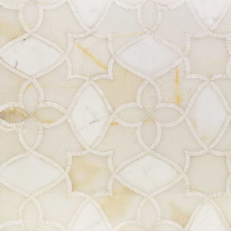 Elysian Onyx White Polished Marble Mosaic; in White + Onyx Onyx & Calacatta & Thassos; for Backsplash, Bathroom Floor, Bathroom Wall, Commercial Floor, Floor Tile, Kitchen Floor, Kitchen Wall, Outdoor Wall, Shower Floor, Shower Wall, Wall Tile; in Style Ideas Art Deco, Mid Century, Transitional, Whimsical