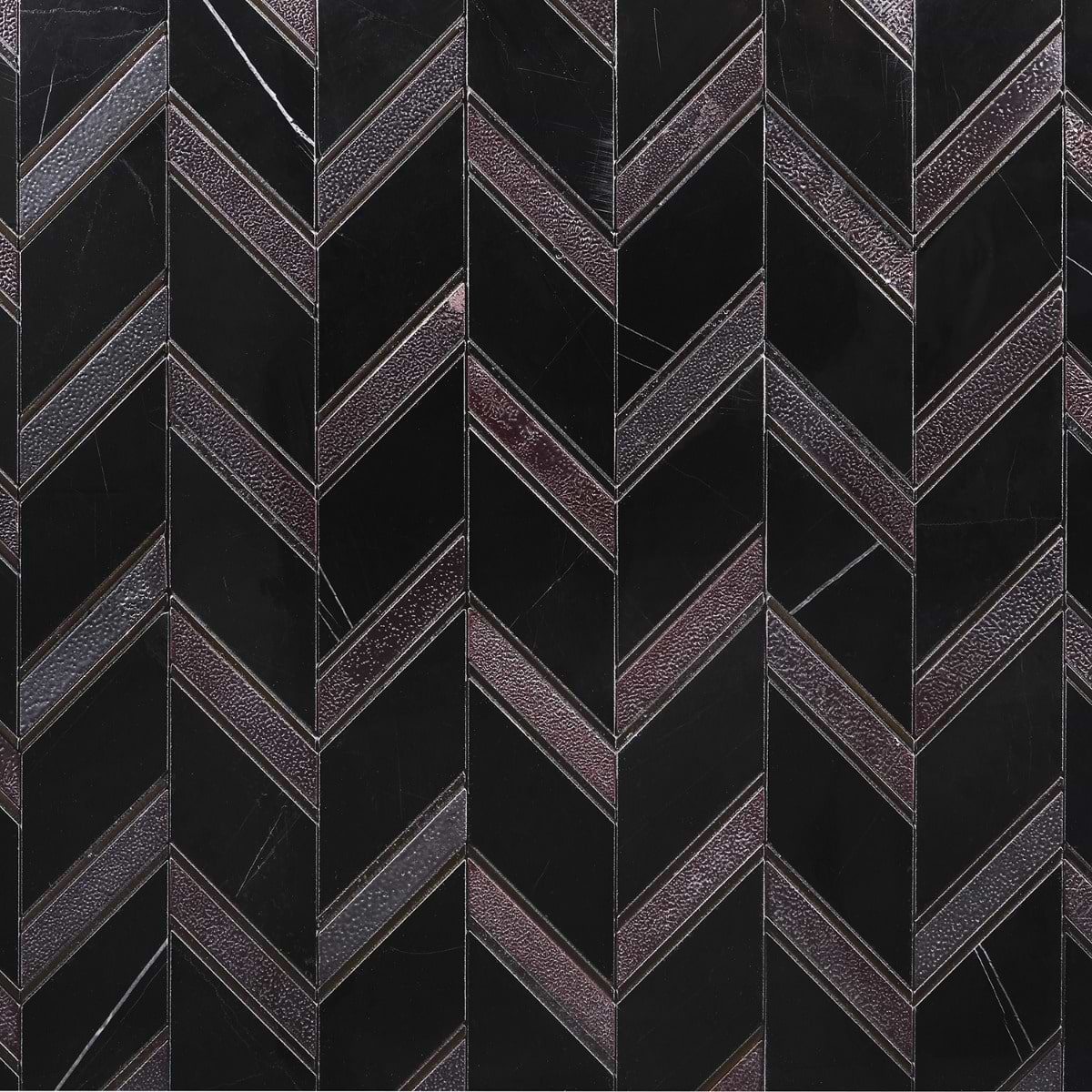 Magma Chevron Barcelona Nero Marquina Black and Iron Lava Stone Polished Mosaic Tile