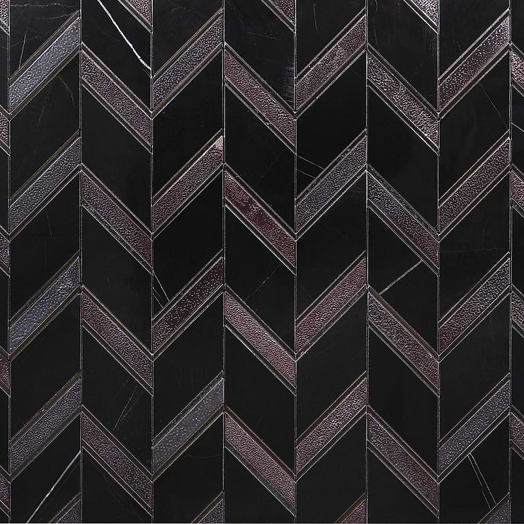 Magma Chevron Barcelona Nero Marquina Black and Iron Lava Stone Polished Mosaic Tile