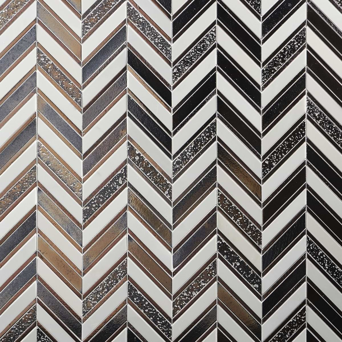 Magma Chevron Susa Bronze Black & White Asian Statuary Marble & Lava Stone Polished Mosaic Tile