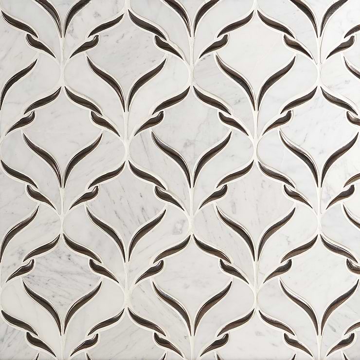 Valentina Carrara White Polished Marble Mosaic; in White + Gun Metal  Carrara + Ceramic ; for Backsplash, Bathroom Wall, Kitchen Wall, Outdoor Wall, Pool Tile, Shower Wall, Wall Tile; in Style Ideas Art Deco, Classic, Contemporary, Mid Century, Modern, Transitional