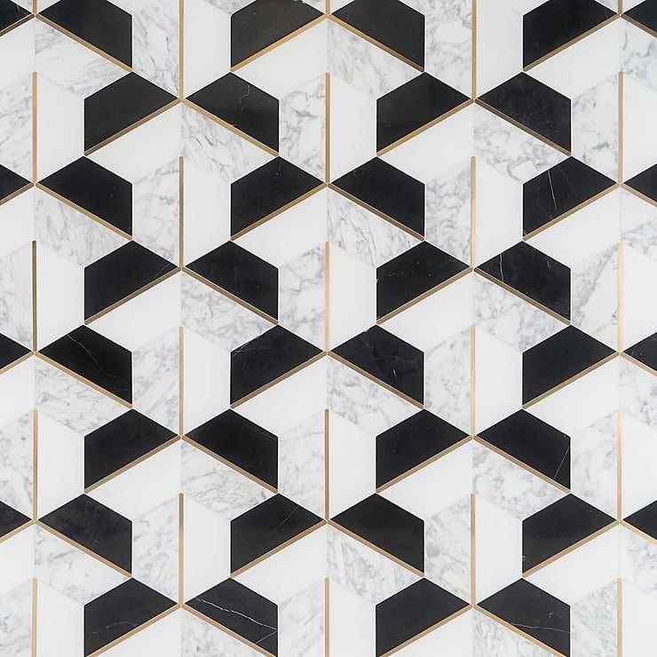 Decade Nero Blanco Polished Marble and Brass Mosaic Tile