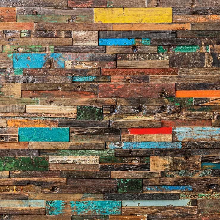 Driftwood Nargusta Multicolor Wood Mosaic; in Brown, Red, Green, Blue, Orange, Dark Gray Reclaimed Boat Wood; for Backsplash, Bathroom Wall, Kitchen Wall, Wall Tile; in Style Ideas Beach, Farmhouse